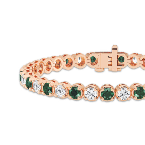 8 ctw Round Created Emerald and Round Lab Grown Diamond Four-Prong Tennis Bracelet - 8 Inches 14K Rose Gold