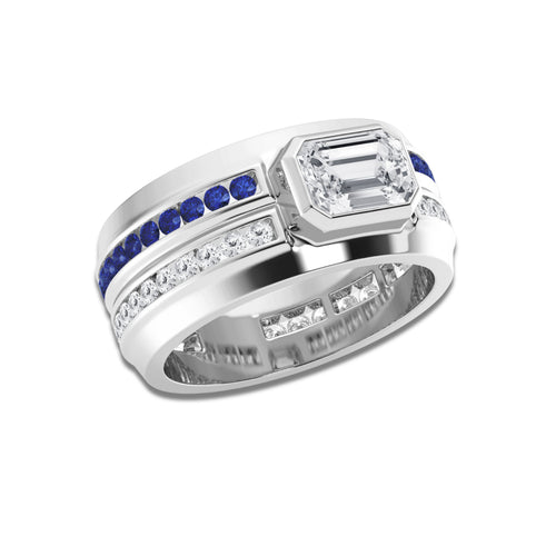 1 5/8 ctw Emerald Lab Grow Diamond and 1.70mm Round Created Sapphire Wedding Band 14K White Gold, E, VS1 | IGI Certified, 1 ct Center