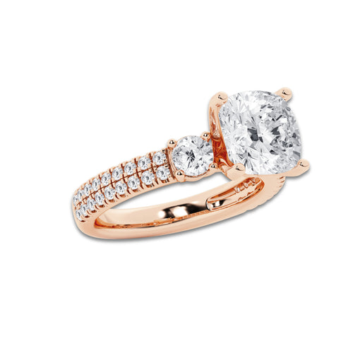 4.46 ctw Cushion Lab-Grown Diamond Three Stone Double Row Engagement Ring in 14K Rose Gold for Women | E Color, VS1 Clarity, IGI Certified 3.50 ct Center Diamond