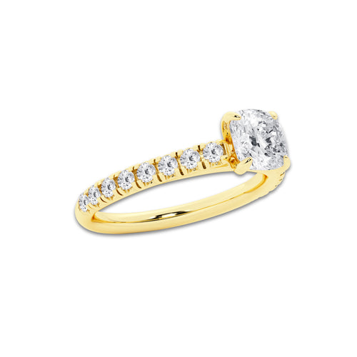 1.14 ctw Cushion Lab-Grown Diamond Pave Engagement Ring in 14K Yellow Gold for Women | E Color, VS1 Clarity, IGI Certified 0.75 ct Center Diamond