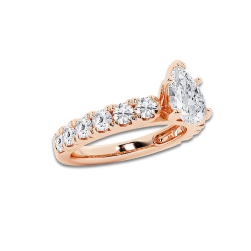 2.00 ctw Pear Lab-Grown Diamond Split-Prong Set Side Stone Engagement Ring in 14K Rose Gold for Women | Colorless D, VVS1 Clarity, IGI Certified 1.00 ct Center Diamond