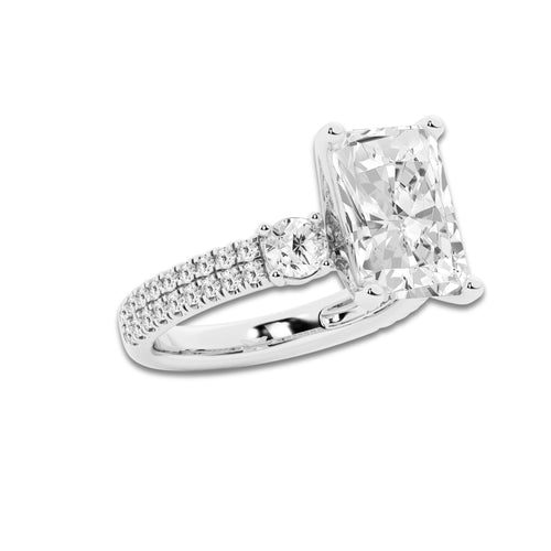 5.96 ctw Radiant Lab-Grown Diamond Three Stone Double Row Engagement Ring in 14K White Gold for Women | E Color, VS1 Clarity, IGI Certified 5.00 ct Center Diamond