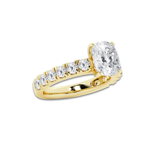 3.50 ctw Elongated Cushion Lab-Grown Diamond Split-Prong Set Side Stone Engagement Ring in 14K Yellow Gold for Women | Colorless E, VS1 Clarity, IGI Certified 2.50 ct Center Diamond