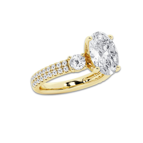 4.46 ctw Oval Lab-Grown Diamond Three Stone Double Row Engagement Ring in 14K Yellow Gold for Women | E Color, VS1 Clarity, IGI Certified 3.50 ct Center Diamond