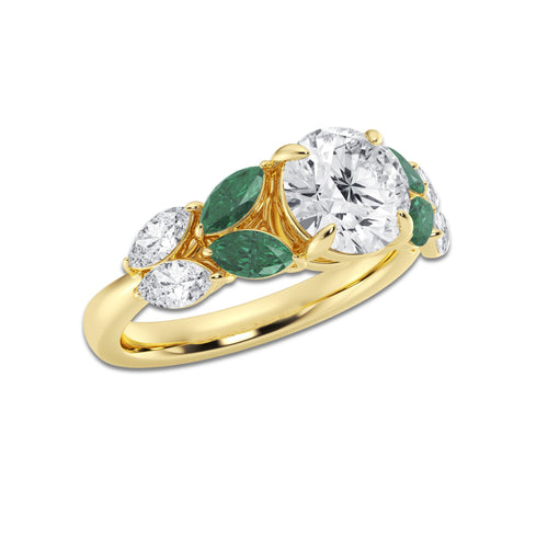 Serena 2 1/2 ctw Round Lab Grown Diamond and 1.20 mm Marquise Created Emerald Side Stone Engagement Ring 14K Yellow Gold, D, VVS | IGI Certified, 2 ct Center