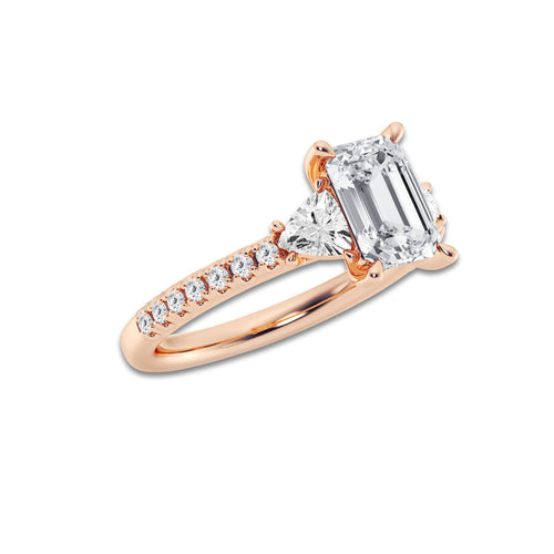 Ala 2 3/4 ctw Emerald Lab Grown Diamond Three-Stone Engagement Ring with Trillion Side Stones 14K Rose Gold, D, VVS | IGI Certified, 2 ct Center