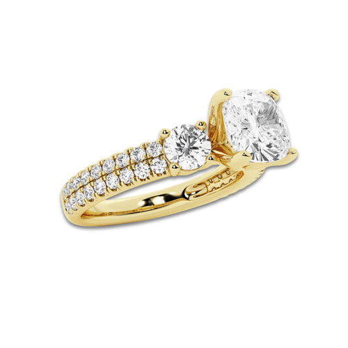 3.00 ctw Cushion Lab-Grown Diamond Three Stone Double Row Engagement Ring in 14K Yellow Gold for Women | D Color, VVS1 Clarity, IGI Certified 2.00 ct Center Diamond