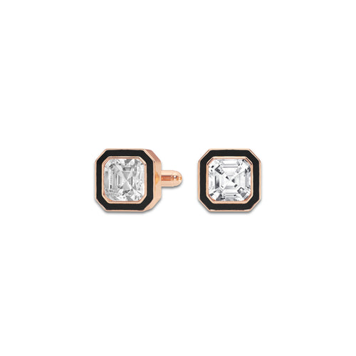 14 ctw Asscher Lab Grown Diamond Black Enamel Cufflinks 14K Rose Gold, E, VS1 | IGI Certified