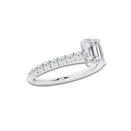 1.14 ctw Emerald Lab-Grown Diamond Pave Engagement Ring in 14K White Gold for Women | E Color, VS1 Clarity, IGI Certified 0.75 ct Center Diamond