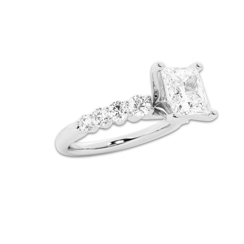 2.04 Ct Princess Lab-Grown Diamond Half Eternity Engagement Ring in 14K White Gold for Female, Colorless (E), VS1 Clarity | IGI Certified, 1.50 Ct Center Diamond
