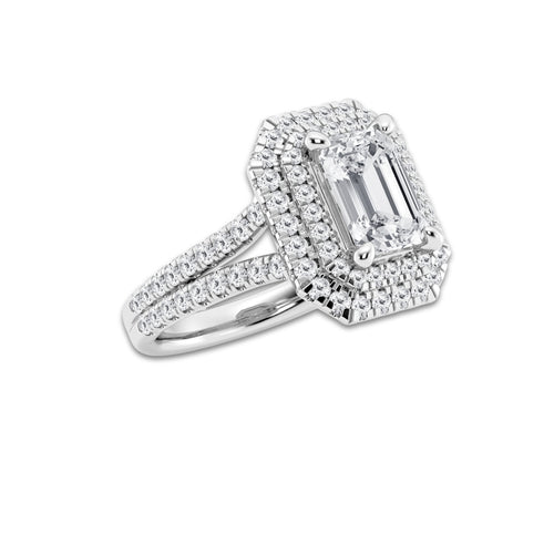2 7/8 ctw Emerald Lab Grown Diamond Double halo with Split Shank Halo Engagement Ring Platinum, E, VS1 | 2 ct Center