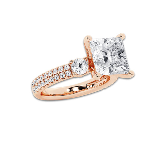 5.96 ctw Princess Lab-Grown Diamond Three Stone Double Row Engagement Ring in 14K Rose Gold for Women | D Color, VVS1 Clarity, IGI Certified 5.00 ct Center Diamond