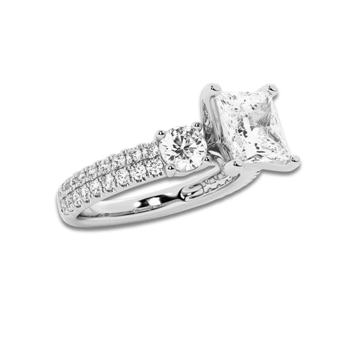 1.75 ctw Princess Lab-Grown Diamond Three Stone Double Row Engagement Ring in 14K White Gold for Women | E Color, VS1 Clarity, IGI Certified 1.00 ct Center Diamond