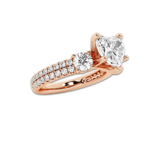 1.75 ctw Heart Lab-Grown Diamond Three Stone Double Row Engagement Ring in 14K Rose Gold for Women | D Color, VVS1 Clarity, IGI Certified 1.00 ct Center Diamond