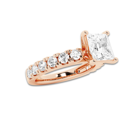 3.00 ctw Princess Lab-Grown Diamond Split-Prong Set Side Stone Engagement Ring in 14K Rose Gold for Women | Colorless E, VS1 Clarity, IGI Certified 2.00 ct Center Diamond
