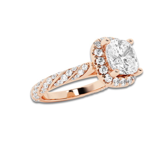 Jane 2 1/8 ctw Cushion Lab Grown Diamond Ribbon Halo Engagement Ring 14K Rose Gold, D, VVS | IGI Certified, 1 1/2 ct Center