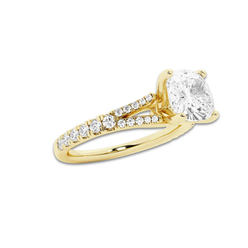 1.83 ctw Cushion Lab-Grown Diamond Split Shank Side Stone Engagement Ring in 14K Yellow Gold for Women | Colorless D, VVS1 Clarity, IGI Certified 1.50 ct Center Diamond