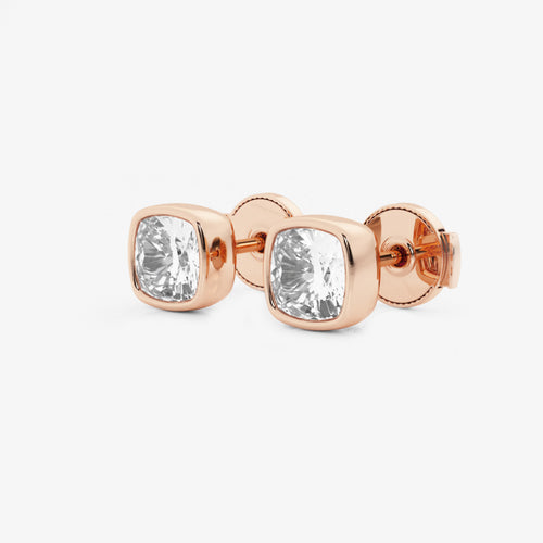 1 1/2 ctw Cushion Lab Grown Diamond Bezel Set Solitaire Stud Earrings 14K Rose Gold, E, VS1