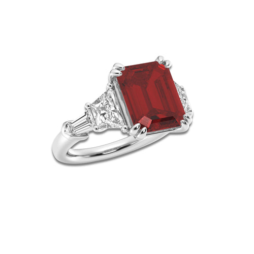 Cajon 11.00 x 9.00mm Lab Created Ruby and 1 2/5 ctw Trapezoid & Baguette Lab Grown Diamond Ring 14K White Gold