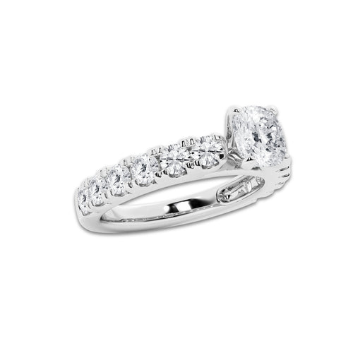 2.00 ctw Cushion Lab-Grown Diamond Split-Prong Set Side Stone Engagement Ring in Platinum for Women | Colorless E, VS1 Clarity, IGI Certified 1.00 ct Center Diamond