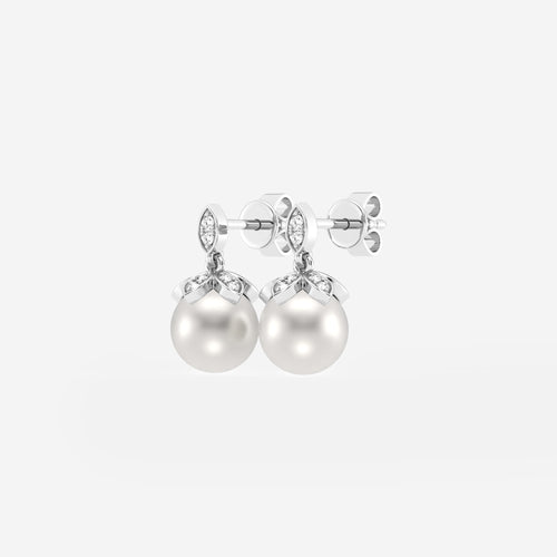 7.5 - 8.0 mm Cultured Freshwater Pearl and 1/8 ctw Lab Grown Diamond Flower Drop Earrings 14K White Gold