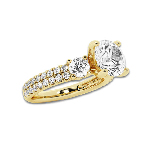 3.00 ctw Round Lab-Grown Diamond Three Stone Double Row Engagement Ring in 14K Yellow Gold for Women | E Color, VS1 Clarity, IGI Certified 2.00 ct Center Diamond