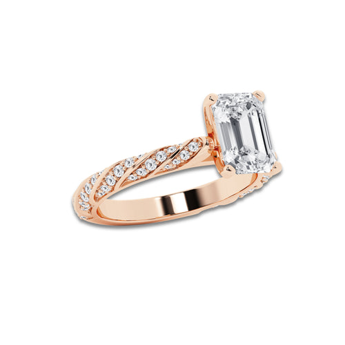 2.94 ctw Emerald Lab-Grown Diamond Twisted Band Engagement Ring in 14K Rose Gold for Women | Colorless D, VVS1 Clarity, IGI Certified 2.50 ct Center Diamond