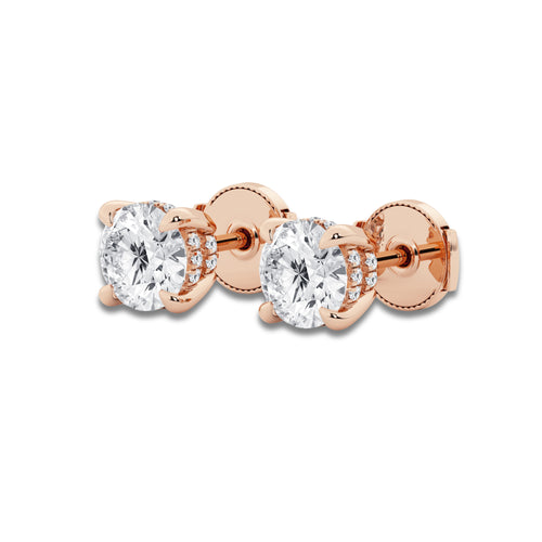 3 ctw Round Lab Grown Diamond Hidden Halo Basket Stud Earrings 14K Rose Gold, H, SI1
