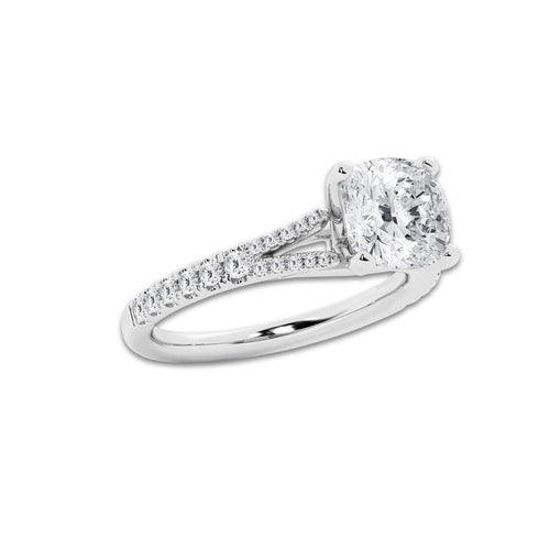 2.83 ctw Cushion Lab-Grown Diamond Split Shank Side Stone Engagement Ring in 14K White Gold for Women | Colorless E, VS1 Clarity, IGI Certified 2.50 ct Center Diamond