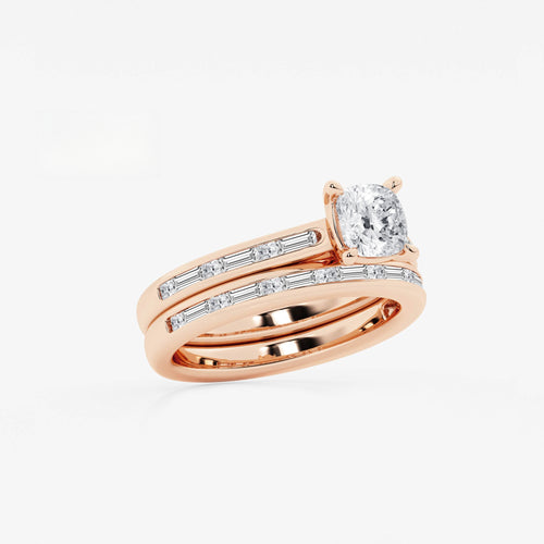 Synergy 1 3/4 ctw Cushion Lab Grown Diamond Baguette and Princess Side Stone Bridal Set 14K Rose Gold, E, VS1 | IGI Certified, 1 ct Center