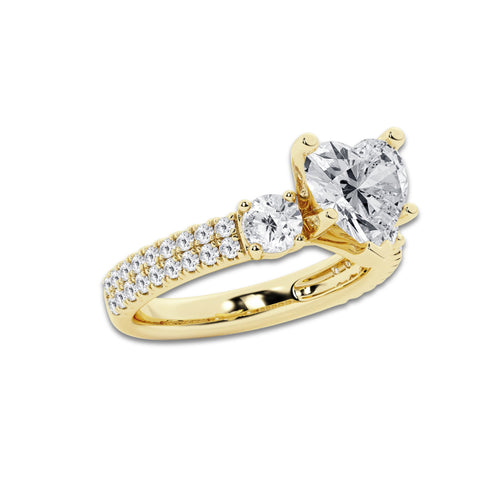 3.50 ctw Heart Lab-Grown Diamond Three Stone Double Row Engagement Ring in 14K Yellow Gold for Women | D Color, VVS1 Clarity, IGI Certified 2.50 ct Center Diamond