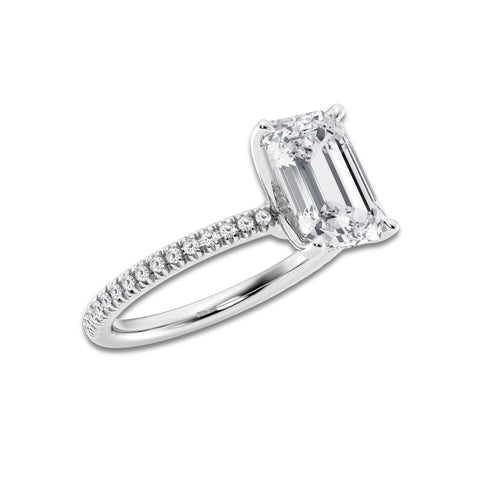3 1/5 ctw Emerald Lab Grown Diamond Scalloped classic Pave Solitaire Engagement Ring with Side Stones Platinum, E, VS1 | 3 ct Center