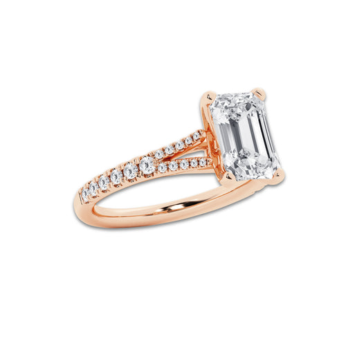 7.66 ctw Emerald Lab-Grown Diamond Split Shank Side Stone Engagement Ring in 14K Rose Gold for Women | Colorless E, VS1 Clarity, IGI Certified 7.00 ct Center Diamond