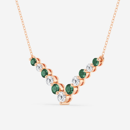 1 ctw Round Lab Grown Diamond and Round Created Emerald Chevron Necklace 14K Rose Gold