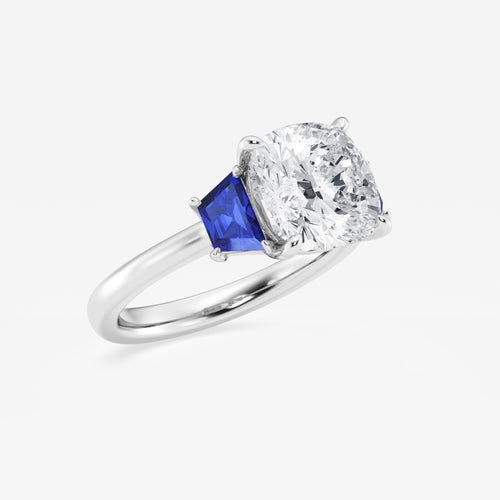 Camellia 4 ctw Cushion Lab Grown Diamond and 5.5x3.3x2.2 mm Trapezoid Created Sapphire Three-Stone Ring Platinum, E, VS1 | IGI Certified, 4 ct Center