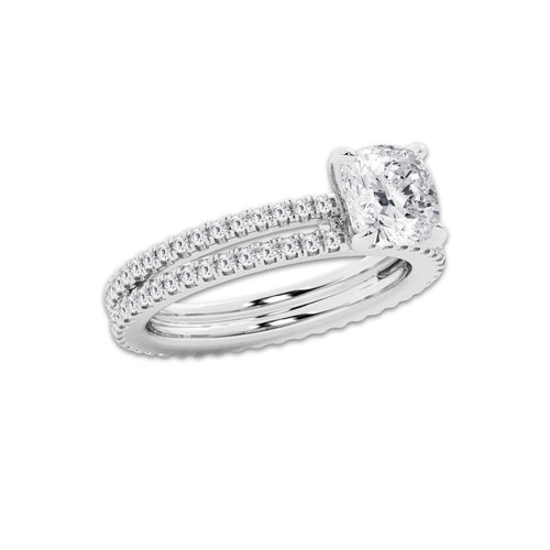 2.19 ctw Cushion Lab-Grown Diamond Double Row Diamond Engagement Ring in Platinum for Women | Colorless D, VVS1 Clarity, IGI Certified 1.50 ct Center Diamond