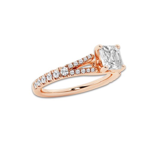 1.08 ctw Asscher Lab-Grown Diamond Split Shank Side Stone Engagement Ring in 14K Rose Gold for Women | Colorless E, VS1 Clarity, IGI Certified 0.75 ct Center Diamond