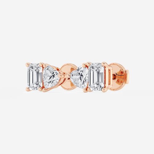 2 ctw Emerald and Heart Lab Grown Diamond Two Stone Stud Earrings 14K Rose Gold, E, VS1 | IGI Certified