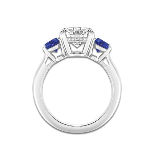 3 7/8 ctw Oval Lab Grown Diamond and Oval Cut Sapphire Three-Stone Hidden Halo Engagement Ring Platinum, E, VS1 | 3 ct Center