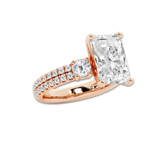6.96 ctw Radiant Lab-Grown Diamond Three Stone Double Row Engagement Ring in 14K Rose Gold for Women | D Color, VVS1 Clarity, IGI Certified 6.00 ct Center Diamond