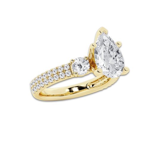 4.00 ctw Pear Lab-Grown Diamond Three Stone Double Row Engagement Ring in 14K Yellow Gold for Women | D Color, VVS1 Clarity, IGI Certified 3.00 ct Center Diamond