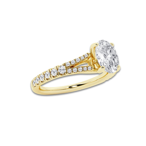 1.33 ctw Oval Lab-Grown Diamond Split Shank Side Stone Engagement Ring in 14K Yellow Gold for Women | Colorless E, VS1 Clarity, IGI Certified 1.00 ct Center Diamond