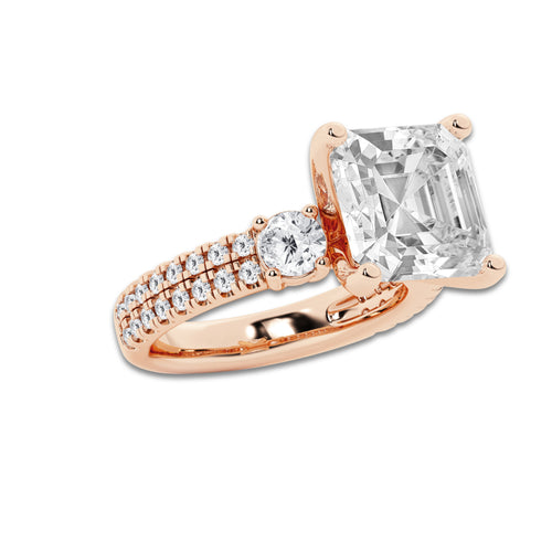 7.96 ctw Asscher Lab-Grown Diamond Three Stone Double Row Engagement Ring in 14K Rose Gold for Women | E Color, VS1 Clarity, IGI Certified 7.00 ct Center Diamond