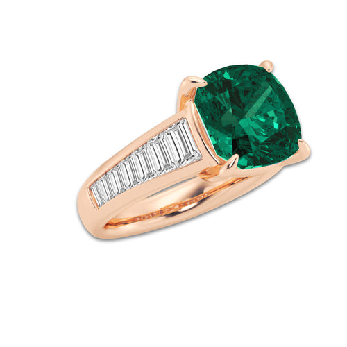 Primrose 5 ctw Cushion Cut Emerald and Baguette Lab Grown Diamond Side Stone Engagement Ring 14K Rose Gold | 3 3/4 ct Center