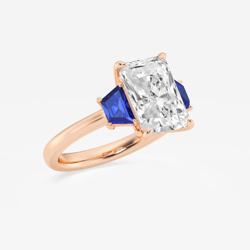 Camellia 4 ctw Radiant Lab Grown Diamond and 5.5x3.3x2.2 mm Trapezoid Created Sapphire Three-Stone Ring 14K Rose Gold, E, VS1 | IGI Certified, 4 ct Center