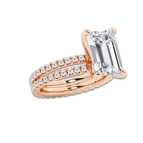 7.22 ctw Emerald Lab-Grown Diamond Double Row Diamond Engagement Ring in 14K Rose Gold for Women | Colorless E, VS1 Clarity, IGI Certified 6.00 ct Center Diamond
