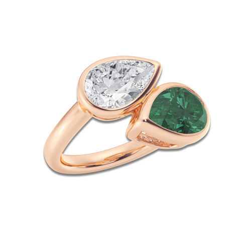 Pear Duo 12.4x7.7 mm Pear Cut Created Emerald and 2 ctw Pear Lab Grown Diamond Bypass Two Stone Ring 14K Rose Gold