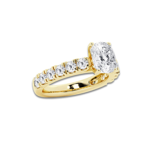 2.00 ctw Elongated Cushion Lab-Grown Diamond Split-Prong Set Side Stone Engagement Ring in 14K Yellow Gold for Women | Colorless E, VS1 Clarity, IGI Certified 1.00 ct Center Diamond