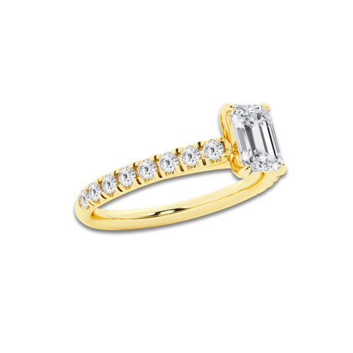 1.14 ctw Emerald Lab-Grown Diamond Pave Engagement Ring in 14K Yellow Gold for Women | E Color, VS1 Clarity, IGI Certified 0.75 ct Center Diamond