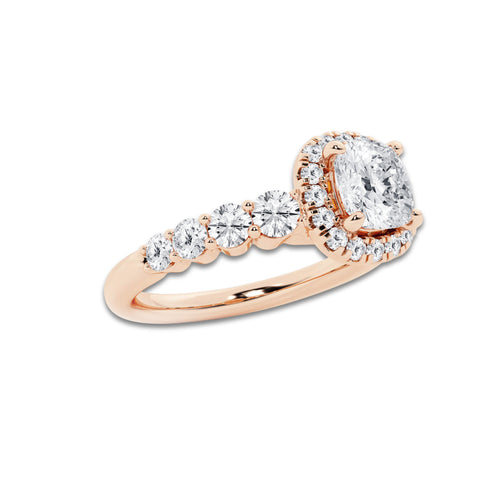 Amelia 1 2/3 ctw Cushion Lab Grown Diamond Graduated Halo Engagement Ring 14K Rose Gold, D, VVS | IGI Certified, 1 ct Center